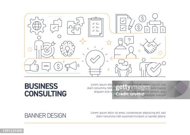 business consulting related vector banner design concept, modern line style with icons - business meeting with clients stock illustrations