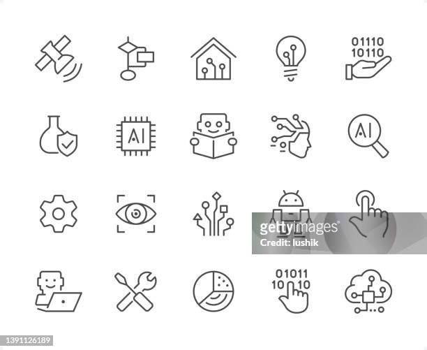 artificial intelligence icon set. editable stroke weight. pixel perfect icons. - satellite surveillance stock illustrations