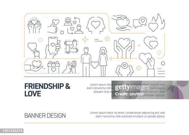 friendship, relationship and love related vector banner design concept, modern line style with icons - millennial generation stock illustrations