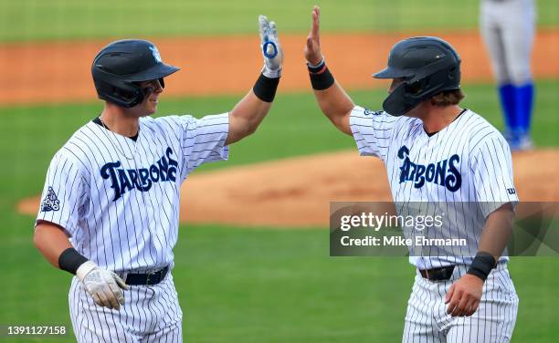 Grant Richardson of the Tampa Tarpons celebrates a two run home run in the second inning during a game against the Dunedin Blue Jays at George M....