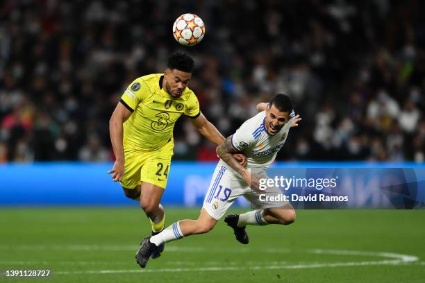 Reece James of Chelsea battles for possession with Dani Ceballos of Real Madrid during the UEFA Champions League Quarter Final Leg Two match between...
