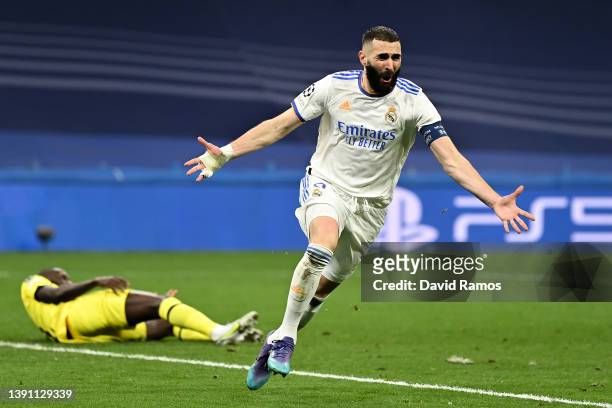 Karim Benzema of Real Madrid celebrates after scoring their team's second goal during the UEFA Champions League Quarter Final Leg Two match between...