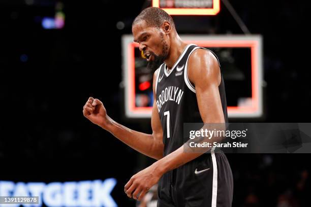 Kevin Durant of the Brooklyn Nets reacts during the first half of the Eastern Conference 2022 Play-In Tournament against the Cleveland Cavaliers at...