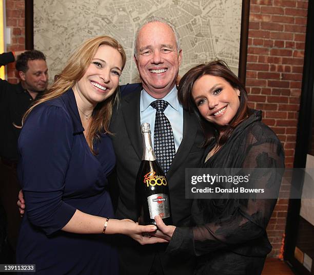 Donatella Arpaia, Dave Daivs, President of ABC NY and Rachael Ray hold a celeration bottle of Martini during The Donatella Arpaia and MARTINI Host...