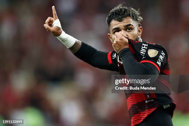 Gabriel Barbosa of Flamengo celebrates after scoring the first goal of his team during the Copa CONMEBOL Libertadores 2022 match between Flamengo and...