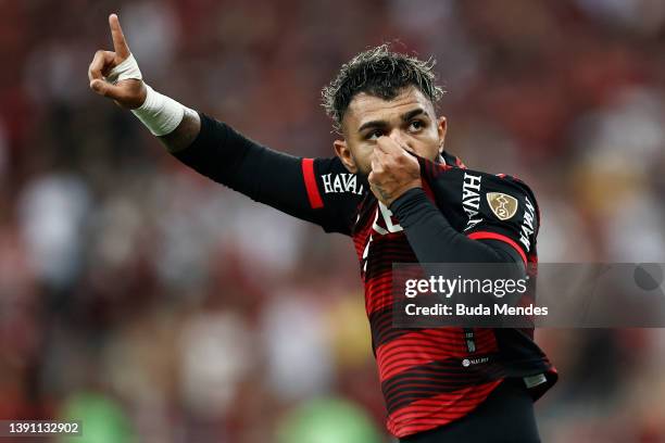 Gabriel Barbosa of Flamengo celebrates after scoring the first goal of his team during the Copa CONMEBOL Libertadores 2022 match between Flamengo and...