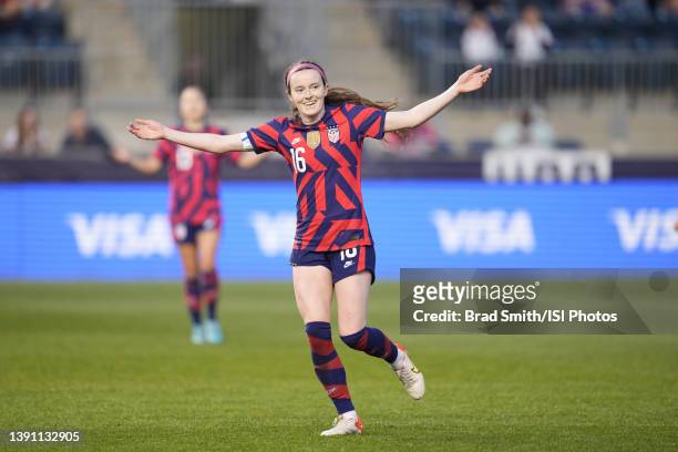Rose Lavelle of the United States celebrates after scoring a goal during a game between Uzbekistan and USWNT at Suburu Park on April 12, 2022 in...