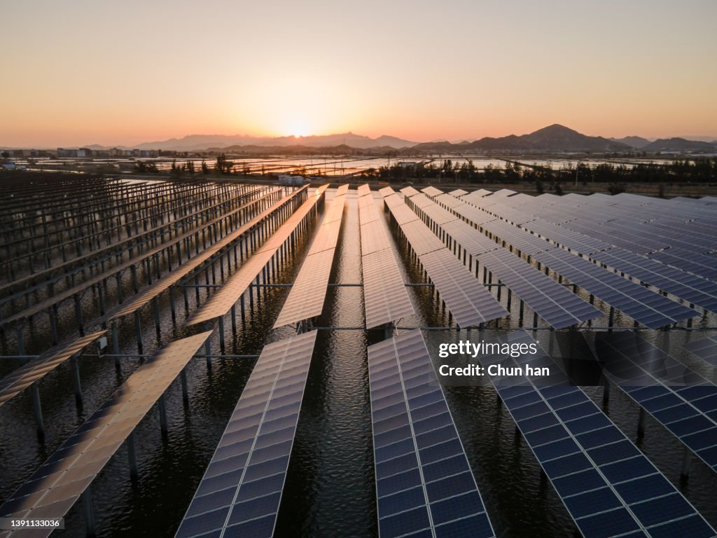 Photovoltaic solar power station on the beach in the morning