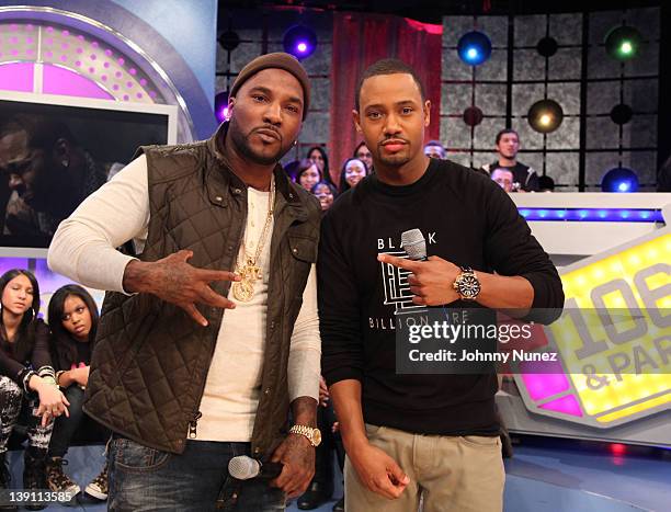 Young Jeezy and host Terrence J visit BET's "106 & Park" at the BET Studios on February 16, 2012 in New York City.