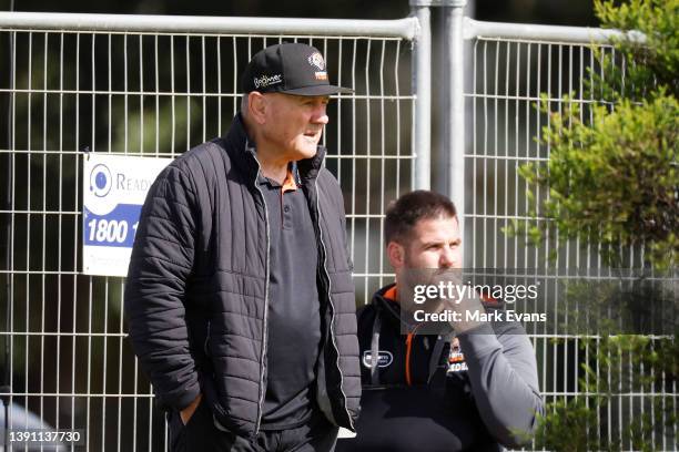 Director of Football at Wests Tigers,Tim Sheens looks on during a Wests Tigers NRL training session at St Lukes Park North on April 13, 2022 in...