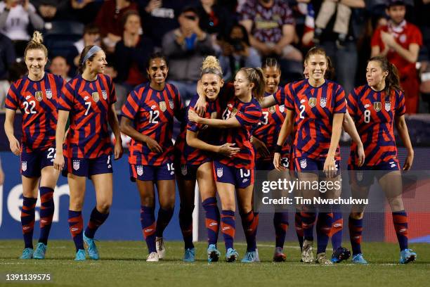 The United States celebrate a goal by Trinity Rodman during the second half against Uzbekistan at Subaru Park on April 12, 2022 in Chester,...