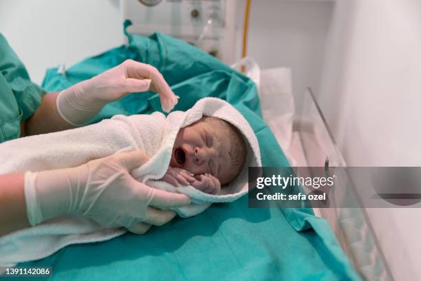 newborn baby cleaning in hospital - baby blanket stock pictures, royalty-free photos & images