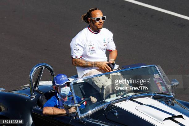 Lewis Hamilton of Great Britain during the driver's parade before the F1 Grand Prix of Australia at Melbourne Grand Prix Circuit on April 10, 2022 in...