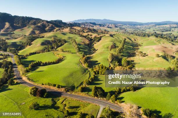 farmland with road cutting through it. - new zealand and farm or rural stock pictures, royalty-free photos & images