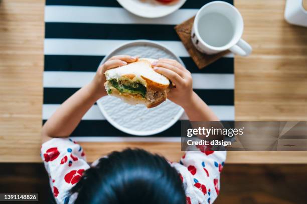 overhead view of little asian girl sitting at the dining table eating healthy sandwich with avocado, egg and tomato at home. she is having a big bite and enjoying her meal. kids healthy eating habit and lifestyle concept - dining overlooking water stock-fotos und bilder