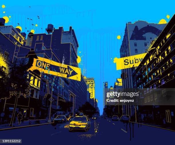 ilustraciones, imágenes clip art, dibujos animados e iconos de stock de ilustración grunge de la ciudad de nueva york - city street