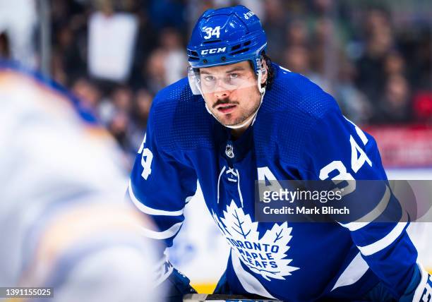 Auston Matthews of the Toronto Maple Leafs looks on against the Buffalo Sabres during the third period at the Scotiabank Arena on April 12, 2022 in...