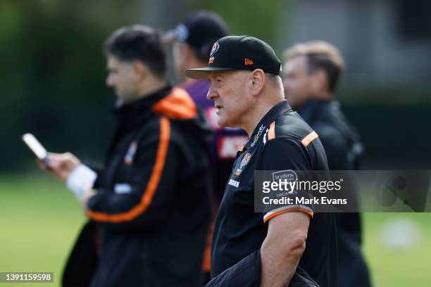 Director of Football at Wests Tigers,Tim Sheens, looks on during a Wests Tigers NRL training session at St Lukes Park North on April 13, 2022 in...