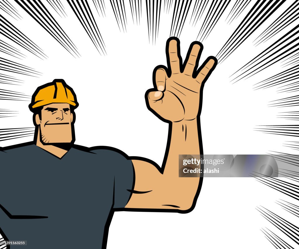 A strong worker with a hard hat smiles and gives the OK gesture or OK sign or ring gesture, with comics effects lines in the background