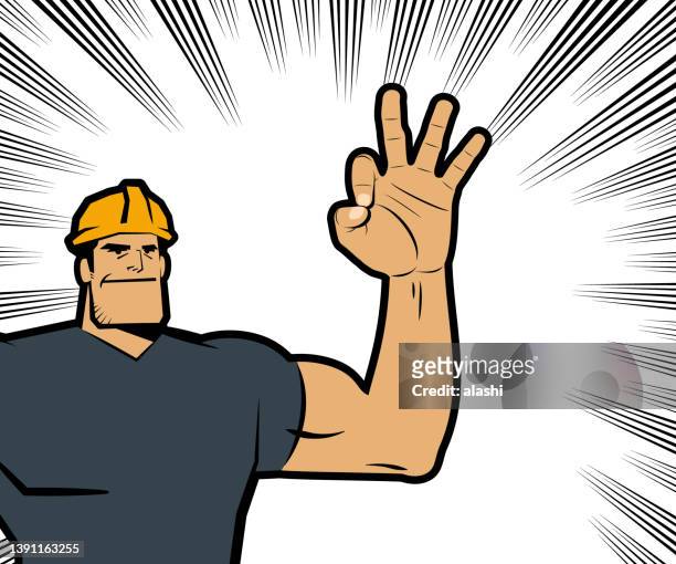 a strong worker with a hard hat smiles and gives the ok gesture or ok sign or ring gesture, with comics effects lines in the background - macho stock illustrations
