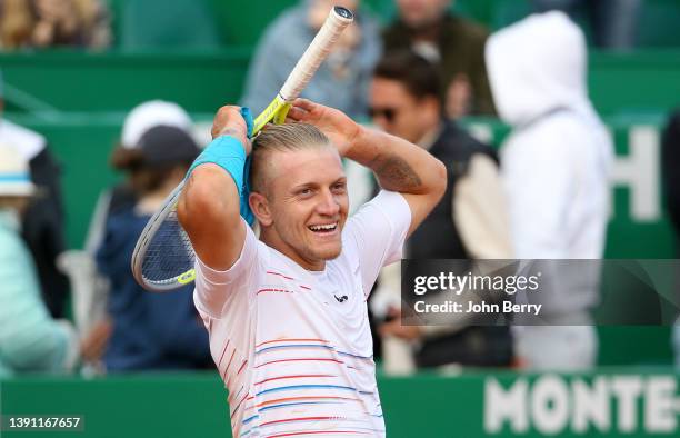 Alejandro Davidovich Fokina of Spain celebrates his second round victory over Novak Djokovic of Serbia during day three of the Rolex Monte-Carlo...