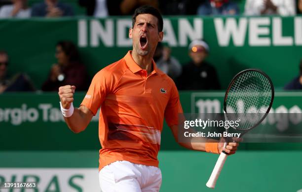 Novak Djokovic of Serbia celebrates during day three of the Rolex Monte-Carlo Masters, an ATP Masters 1000 tournament held at the Monte-Carlo Country...