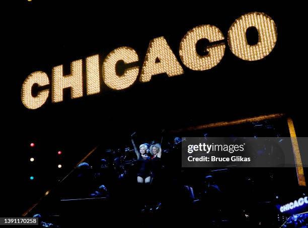 Pamela Anderson and Lana Gordon during the opening night curtain call for Anderson's Broadway debut in the hit musical "Chicago" on Broadway at The...