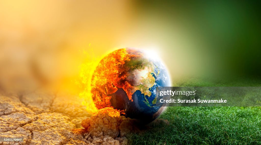 Concept illustration Global warming around the world is about to be burned by human hands (3D image)