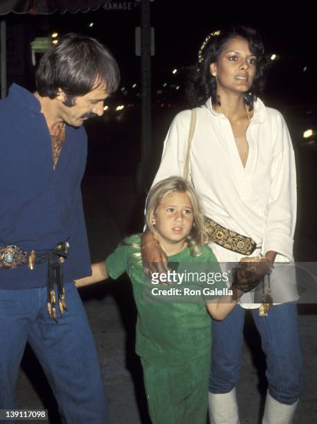 Singer Sonny Bono, girlfriend Susie Coelho and and his daughter Chastity Bono on June 10, 1977 dine at The Palm Restaurant in Los Angeles, California.