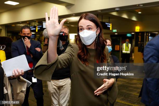 New Zealand Prime Minister Jacinda Ardern looks on at Wellington International Airport on April 13, 2022 in Wellington, New Zealand. New Zealand...