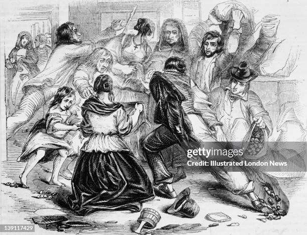Starving townspeople raid a potato store in Galway during a famine, Ireland, 13th June 1842. Food riots occurred all day in the city. Original...