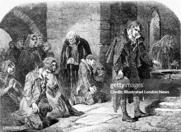 Group of worshippers praying in a chapel in the town of Thurles, North Tipperary, Ireland, during the Great Famine, 1848. Original publication:...