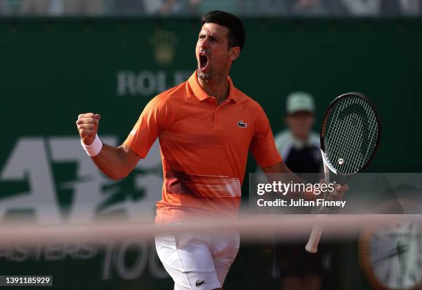 Novak Djokovic of Serbia celebrates winning the second set against Alejandro Davidovich Fokina of Spain during day three of the Rolex Monte-Carlo...