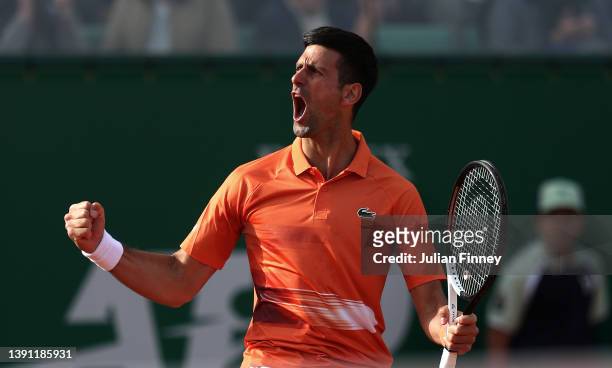 Novak Djokovic of Serbia celebrates winning the second set against Alejandro Davidovich Fokina of Spain during day three of the Rolex Monte-Carlo...