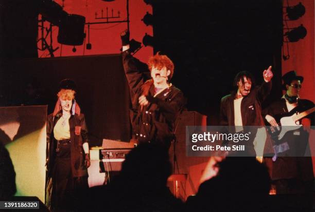 Tom Bailey, Allanah Currie and Joe Leeway of British rock band Thompson Twins perform on stage at Hammersmith Odeon on March 5th, 1984 in London,...