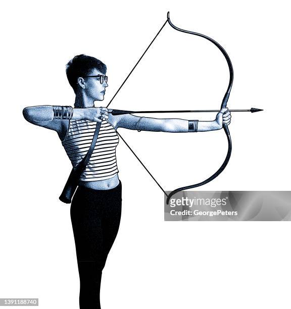 ilustrações de stock, clip art, desenhos animados e ícones de young woman aiming bow and arrow - androgynous