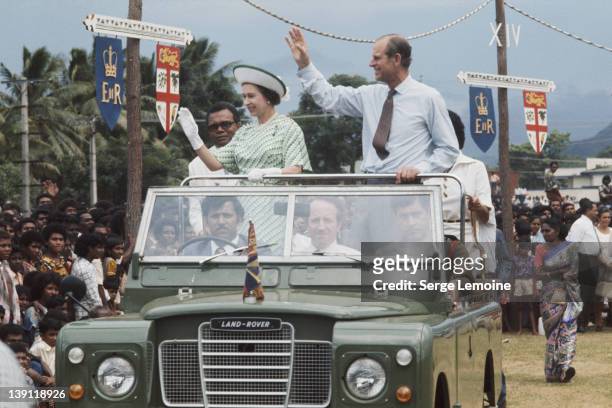 Queen Elizabeth II and Prince Philip in Fiji during their royal tour, February 1977.