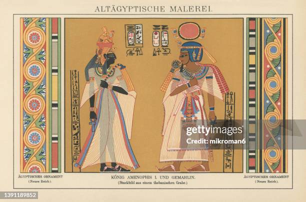 old chromolithograph illustration of king amenhotep i, second pharaoh of the 18th dynasty of egypt and ahmose-nefertari, queen consort of egypt - akhenaten pharaoh fotografías e imágenes de stock