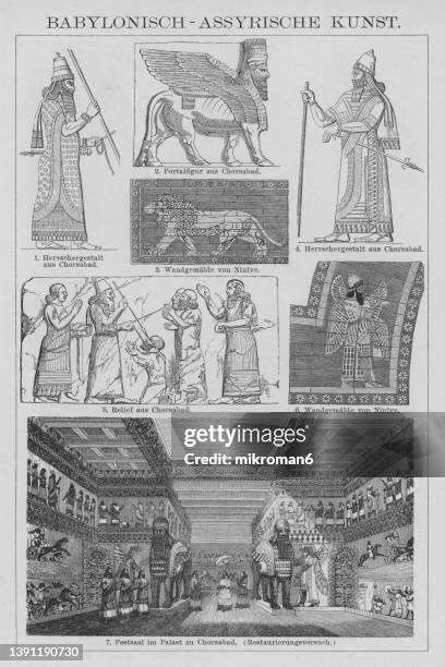 old engraved illustration of babylonian and assyrian art - sumerian art stock-fotos und bilder