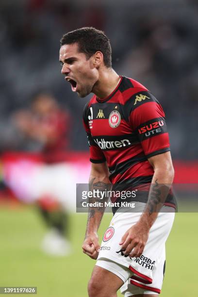 Tate Russell of the Wanderers celebrates scoring a goal during the A-League Mens match between Western Sydney Wanderers and Central Coast Mariners at...