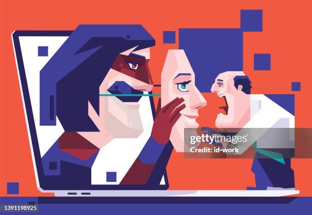 stockillustraties, clipart, cartoons en iconen met man shocking and screaming while hacker unmasking face from laptop - anonymous mask