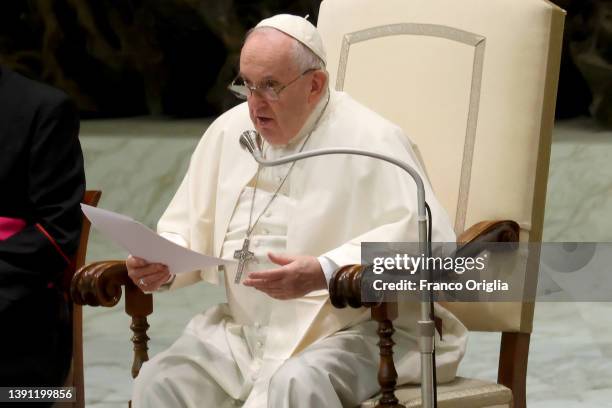 Pope Francis holds his homily during the weekly general audience at Paul VI Hall on April 13, 2022 in Vatican City, Vatican. At his weekly General...