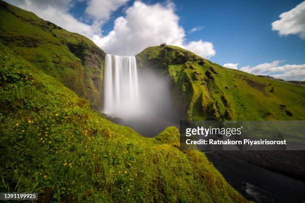 skogafoss waterfall in iceland on a summer's day with a blue sky above. the skógafoss waterfall is one of iceland’s hot spots and populair amongst tourist traveling in south central iceland. - デティフォスの滝 ストックフォトと画像