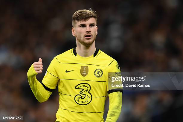 Timo Werner of Chelsea FC looks on during the UEFA Champions League Quarter Final Leg Two match between Real Madrid and Chelsea FC at Estadio...