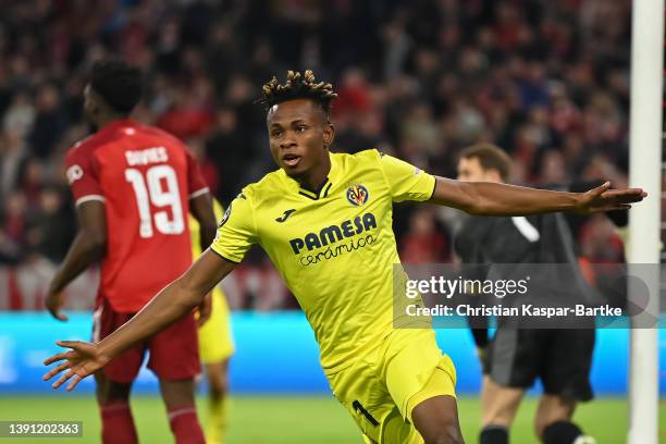 Samu Chukwueze of Villareal celebrates after scoring his team`s first goal during the UEFA Champions League Quarter Final Leg Two match between...