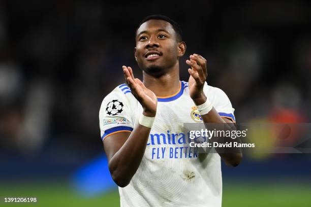 David Alaba of Real Madrid CF celebrates at the end of the UEFA Champions League Quarter Final Leg Two match between Real Madrid and Chelsea FC at...