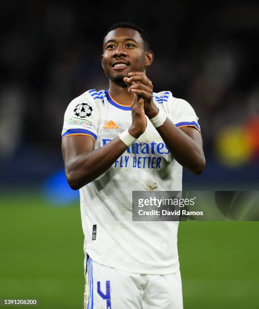 David Alaba of Real Madrid CF celebrates at the end of the UEFA Champions League Quarter Final Leg Two match between Real Madrid and Chelsea FC at...