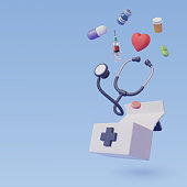 Medical equipment 3d cartoon style, Vaccine, stethoscope, capsule, pills and medicine box