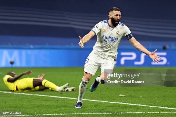 Karim Benzema of Real Madrid CF celebrates after scoring his team's second goal during the UEFA Champions League Quarter Final Leg Two match between...