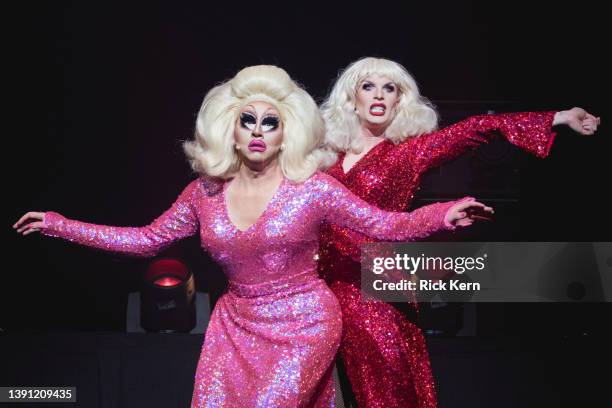 American drag queens Trixie Mattel and Katya Zamolodchikova perform onstage during "Trixie and Katya Live" at ACL Live on April 12, 2022 in Austin,...